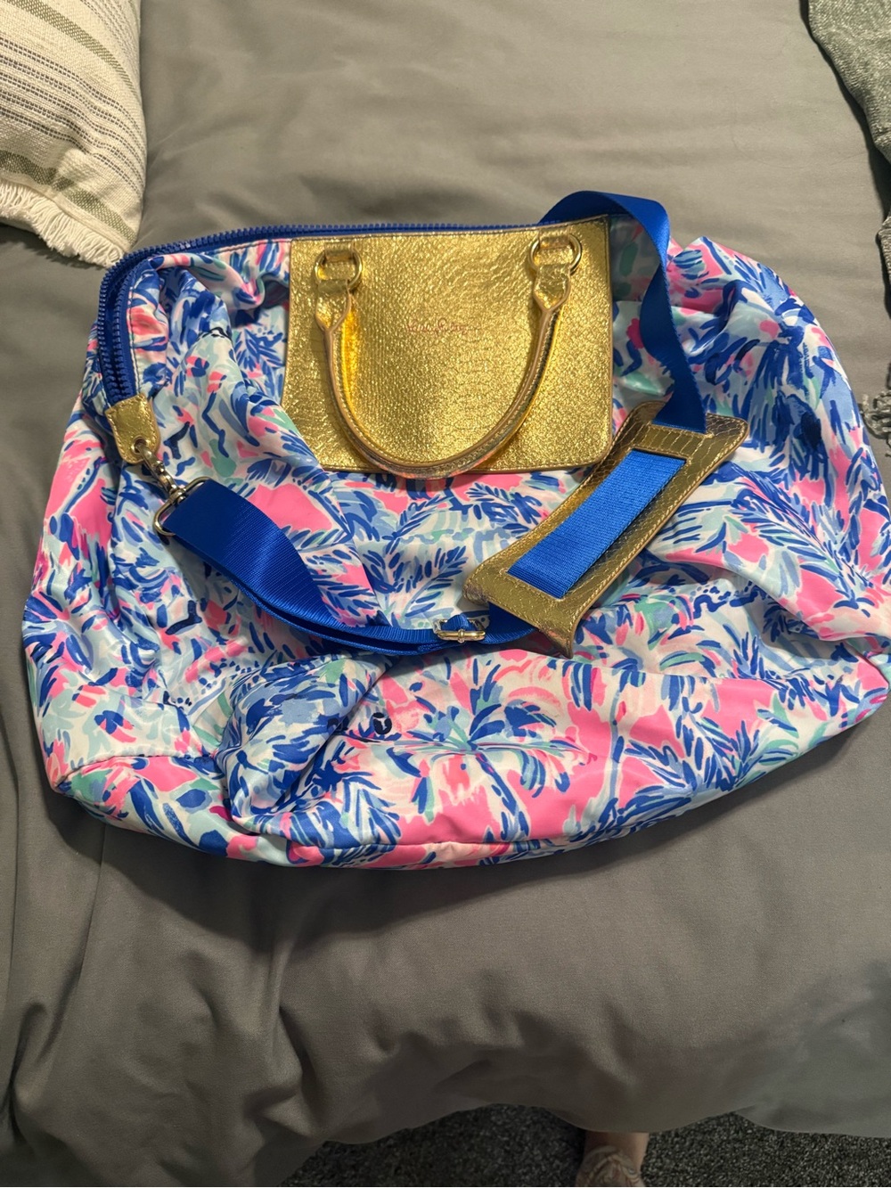 Lilly Pulitzer Pink, Blue & Gold Weekender Travel Tote with Detachable Strap